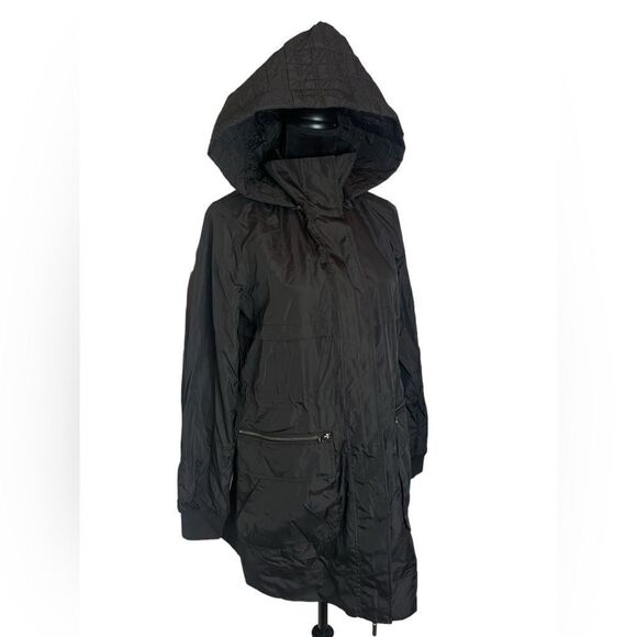 ZELLA BLACK QUILTED HOODED RAIN JACKET/COAT W ZIPPERS PO KETS AND BUTTONS SIZE S - Picture 5 of 9